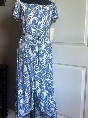 Indigo Rose Blue Tropical-Print Off-Shoulder Maxi Dress